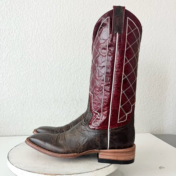 Rod Patrick Mens Cowboy Boots 9A Brown Mocha Bison Red Top Square Toe Western - Picture 4 of 13